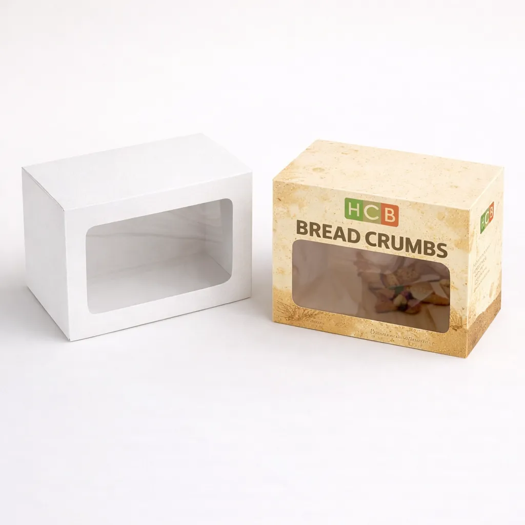 Two rectangular cardboard boxes with large transparent windows, one plain white and one with breadcrumb branding. class=